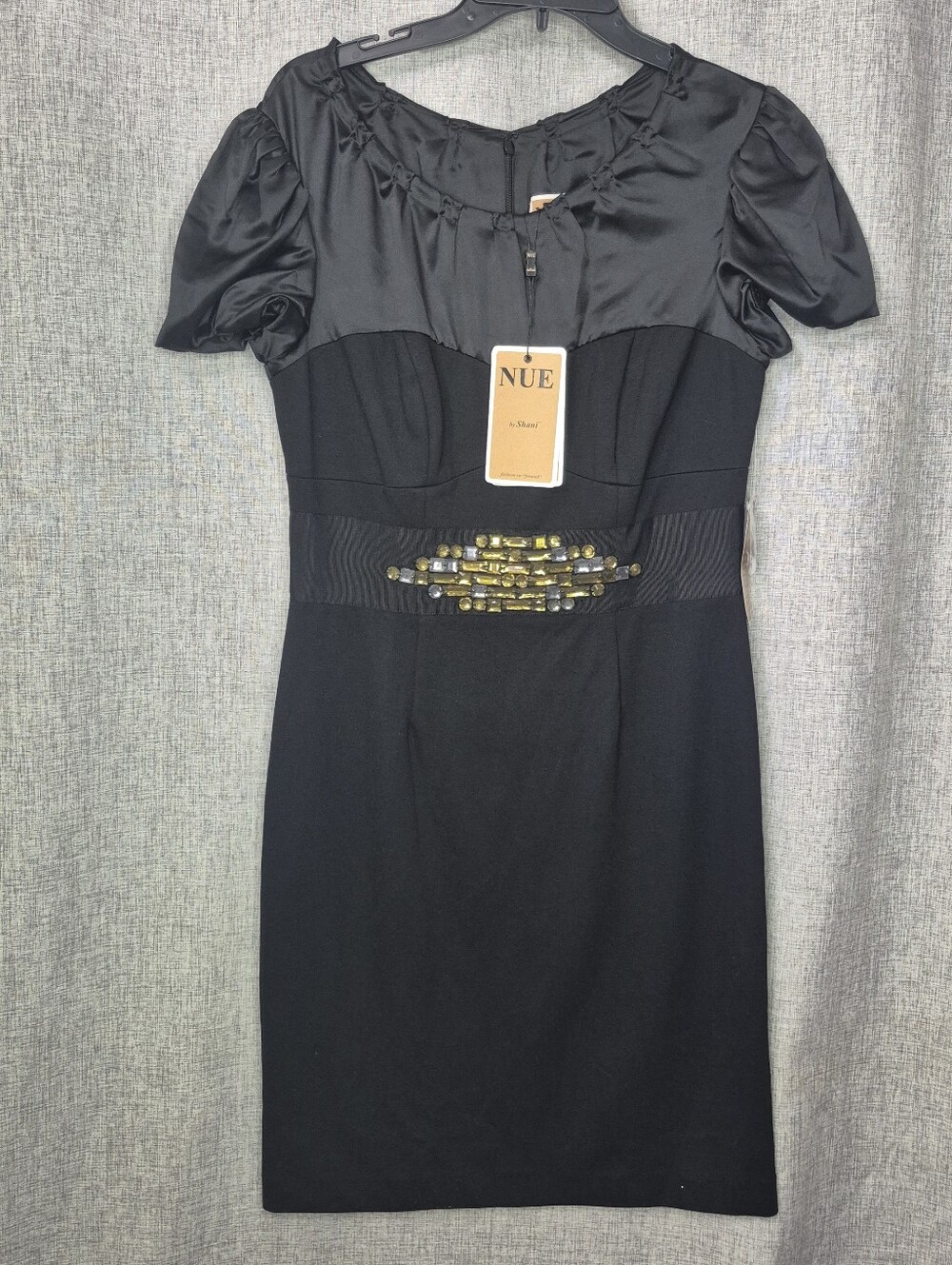 Nue by Shani Black Short-Sleeve Embellished Waist Sheath Dress